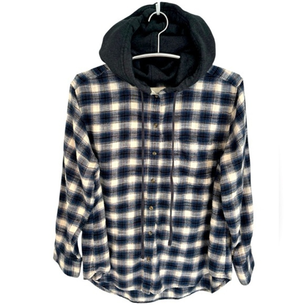 Men's Navy & White Plaid Hooded Flannel Shirt